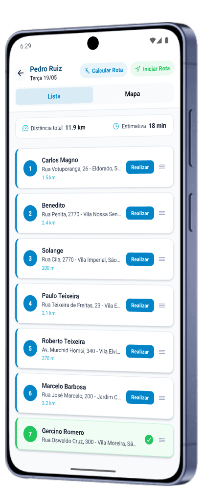 Aplicativo SigmaBlue em um aparelho Android, com a rota do dia no mapa